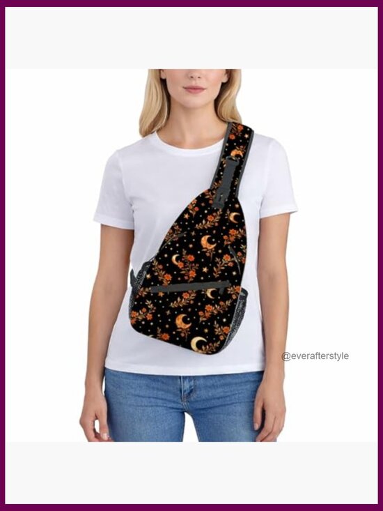 Moon and Floral Pattern Sling Bag Crossbody Backpack Lightweight Daypack with